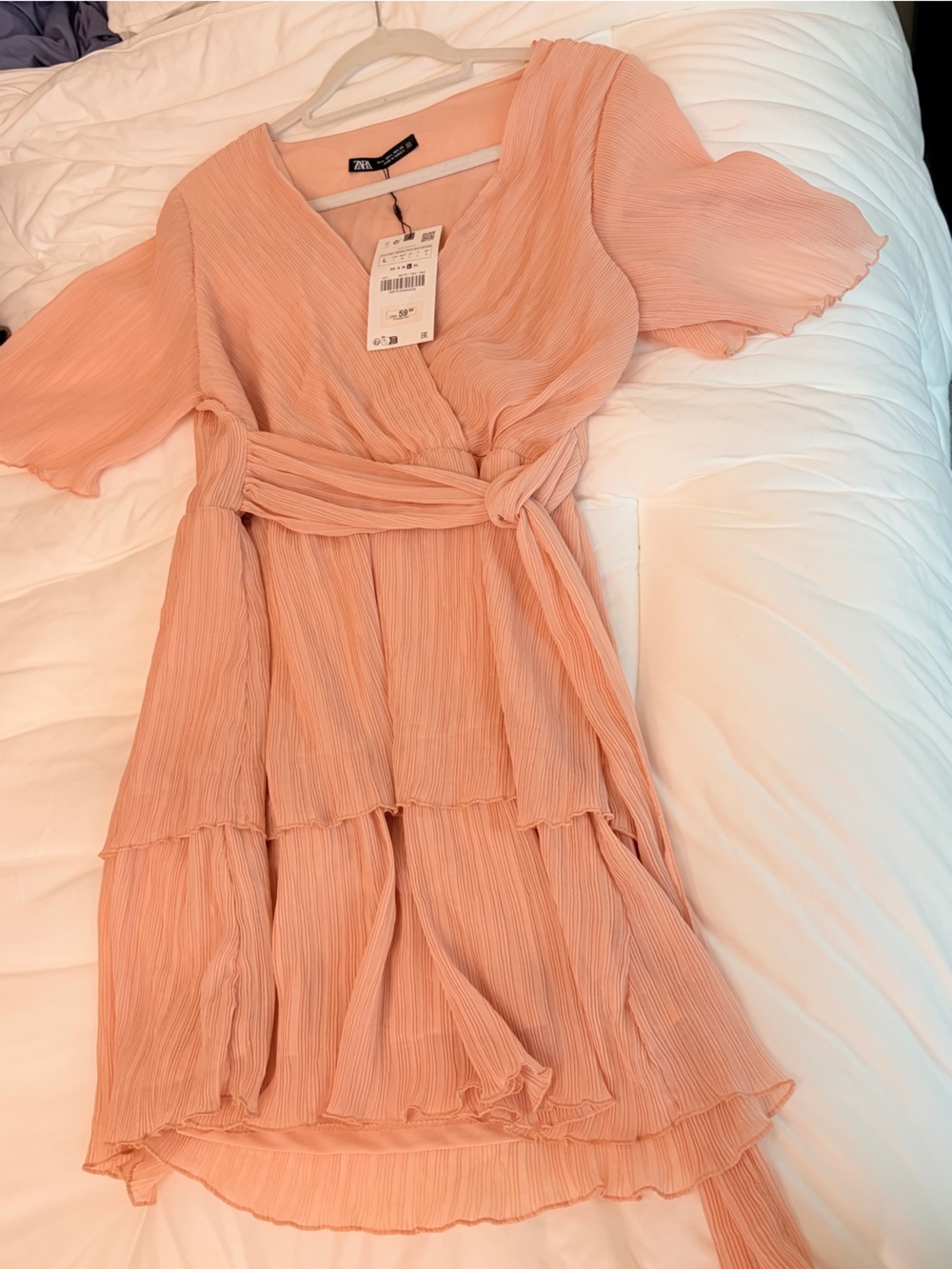 Zara NWT Textured Wrap Mini Dress Peach Blush Tiered Ruffle Size Large - Picture 5 of 9